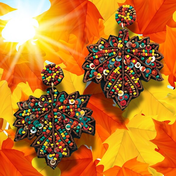 Fall Autumn Theme Colorful Maple Leaf Seed Beaded Statement Earrings - Picture 3 of 3